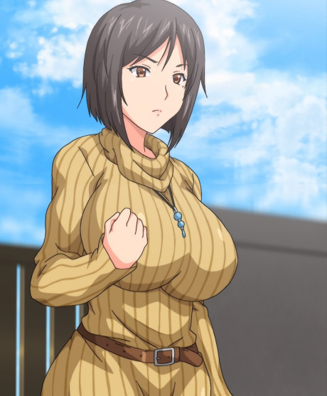 Okabe Ruiko Kyonyuu Daikazoku Saimin Highres Stitched Third Party Edit 1girl Belt Belt Buckle Breasts Brown Dress Brown Eyes Brown Hair Buckle Dress Eyebrows Visible Through Hair Female Focus Huge Breasts Jewelry Mole