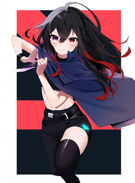 Cha Sakura Absurdres Character Request Commission Copyright Request Highres Skeb Commission 1girl Ahoge Belt Black Hair Black Thighhighs Blue Cloak Blue Eyes Border Cloak Dagger Glowing Gradient Gradient Hair Holding Holding Dagger